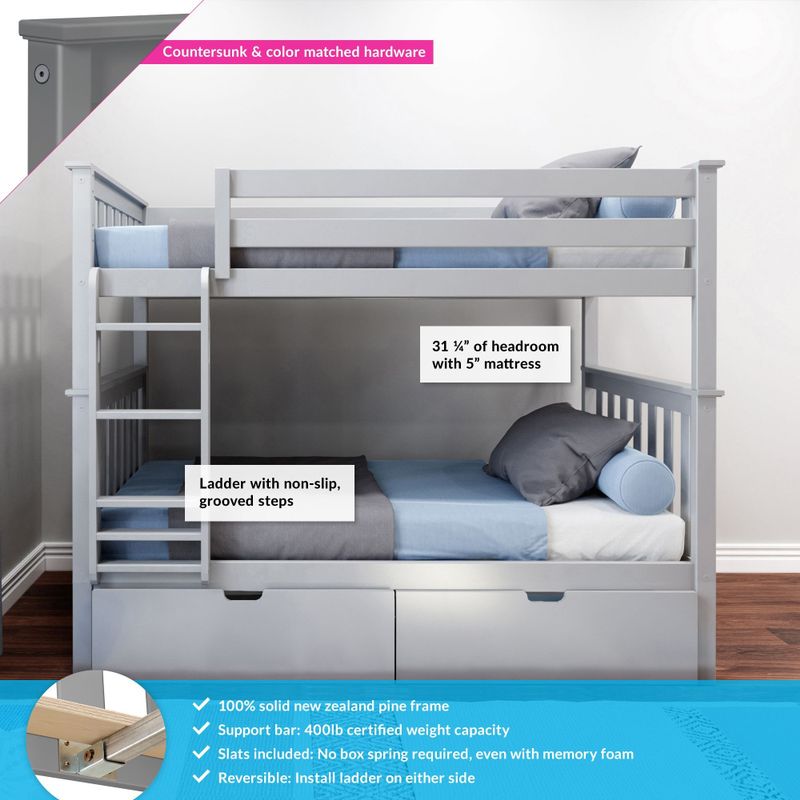 Max & Lily Twin over Twin Bunk Bed with Under Bed Storage Drawers - White