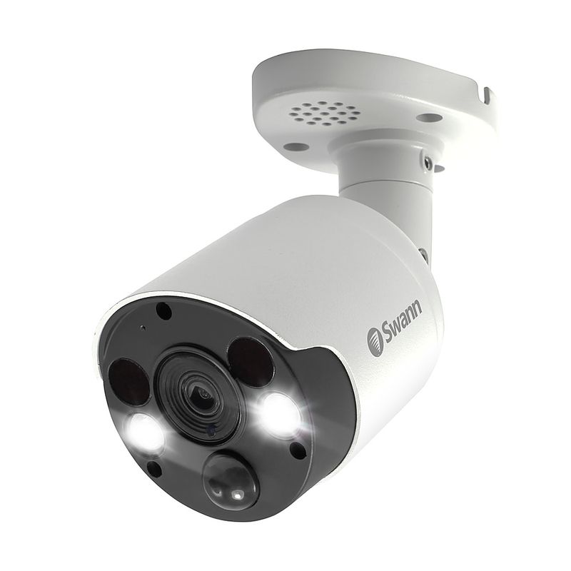 Left Zoom. Swann - 4K PoE Add On Bullet Camera w/Dual LED Spotlights, Color Night Vision, & Free Face Recognition - White
