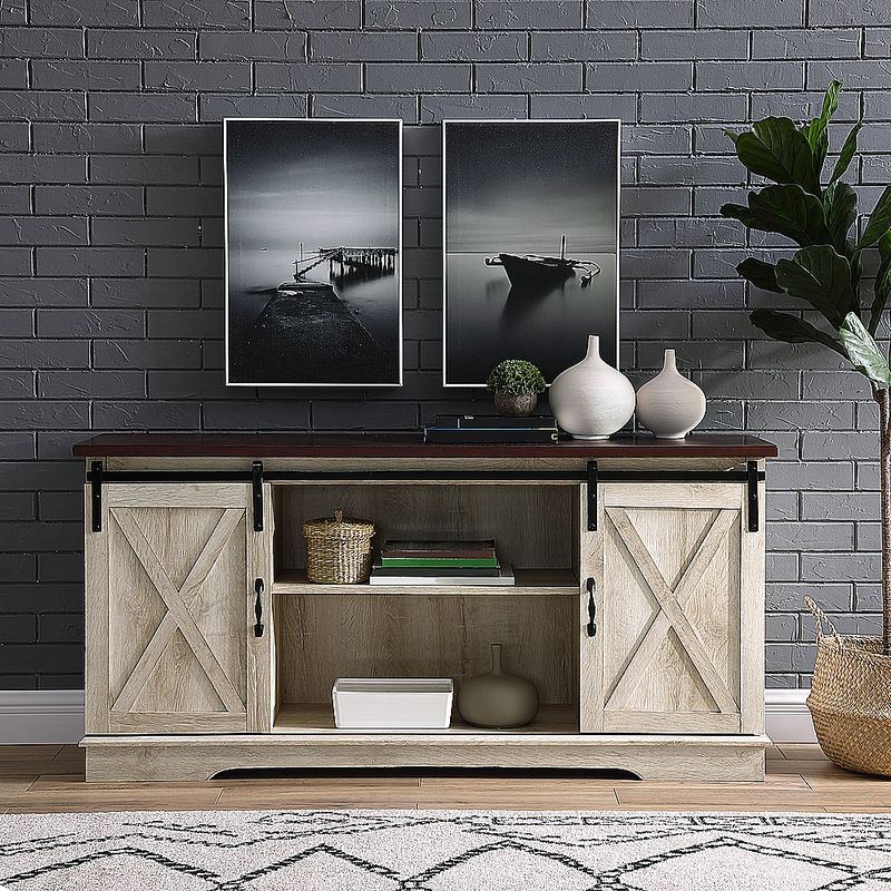 Alt View Zoom 12. Walker Edison - Industrial Farmhouse Sliding Door TV Stand for Most TVs up to 65" - Rustic White Brown