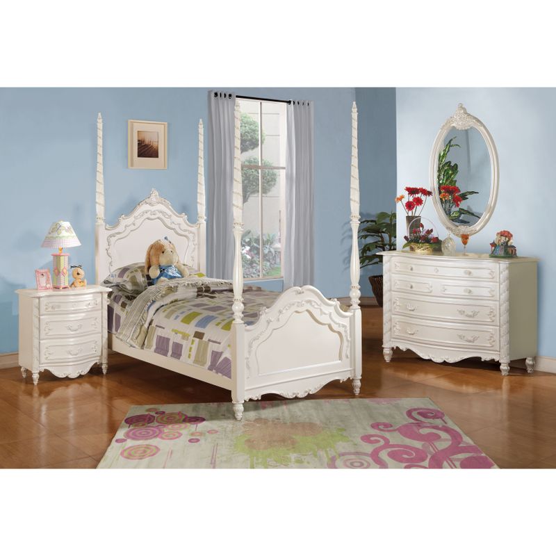 Acme Furniture Pearl 4-Piece Poster Bedroom Set in Pearl White - 4-Piece Twin Set