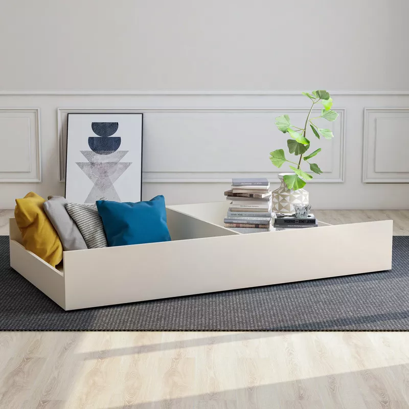 Contemporary Solid Wood Underbed Trundle with Wheel in Pearl White