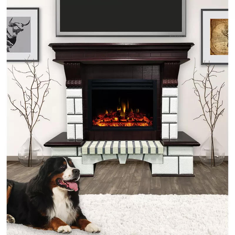 48-In. Belcrest Traditional Faux Brick Electric Fireplace Mantel with Enhanced Log Display, White and Mahogany