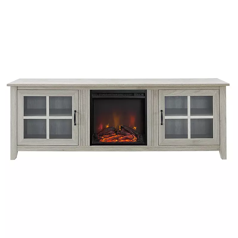 Walker Edison - 70" Traditional Glass Door Cabinet Fireplace TV Stand for Most TVs up to 80" - Birch