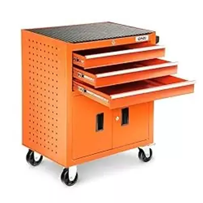 DNA MOTORING 3-Drawers Rubber Top Utility Rolling Tool Chest Cabinet with Wheels, Heavy Duty Industrial Service Cart Keyed Locking System, for Garage Warehouse Workshop, Orange, TOOLS-00405