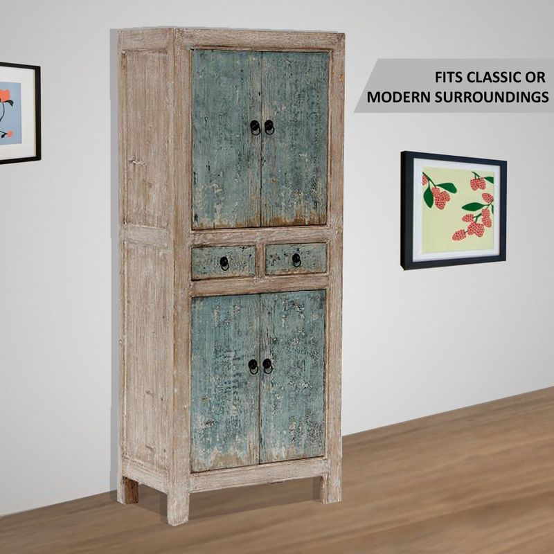 Lily's Living Reclaimed Wood Narrow Shandong Cabinet, 67 Inch Tall, Antique Green - White