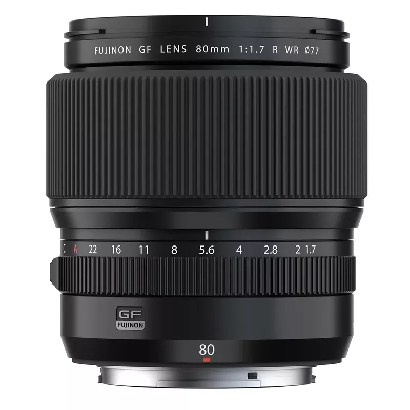 Fujifilm GF 80mm f/1.7 R WR Lens, Black, Bundle with 77mm Digital Essentials Filter Kit and 19x19" Lens Wrap