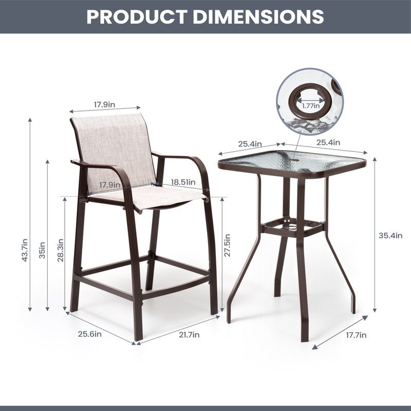 3 Piece Outdoor Patio Aluminum Bistro Furniture Set, Bar Table with Market Umbrella Hole - Brown