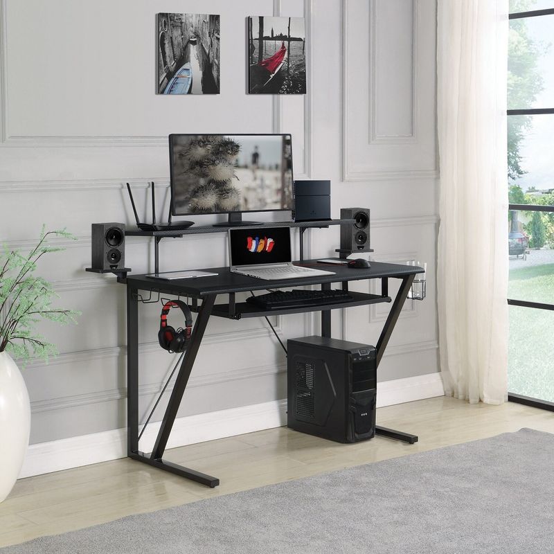 Gaming Desk With Cup Holder, Black and Gunmetal - Black and gunmetal