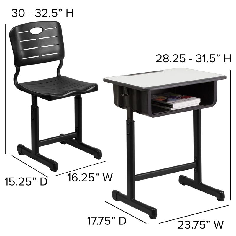 Pedestal Frame Adjustable Height Student Desk and Chair - 23.63"W x 17.75"D x 28.25" - 31.50"H - Gray