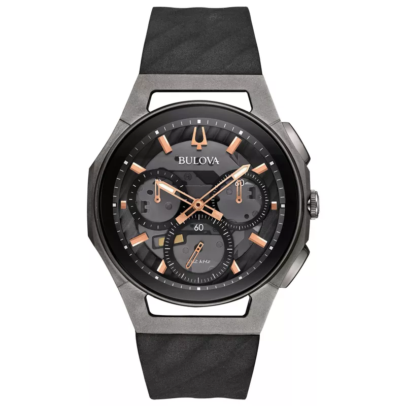 Bulova - Mens Curv Chronograph Black Rubber Strap Watch Black Dial