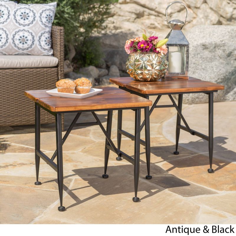 Eleanora Outdoor Acacia Wood End Table (Set of 2) by Christopher Knight Home - Antique Brown + Black