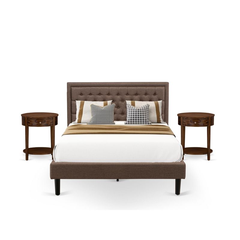 3 Pc Queen Bedroom Set - 1 Platform Bed Frame Brown Linen Fabric and Button Tufted Headboard - 2 Nightstand (Bed Option) - KD18Q-2HI08