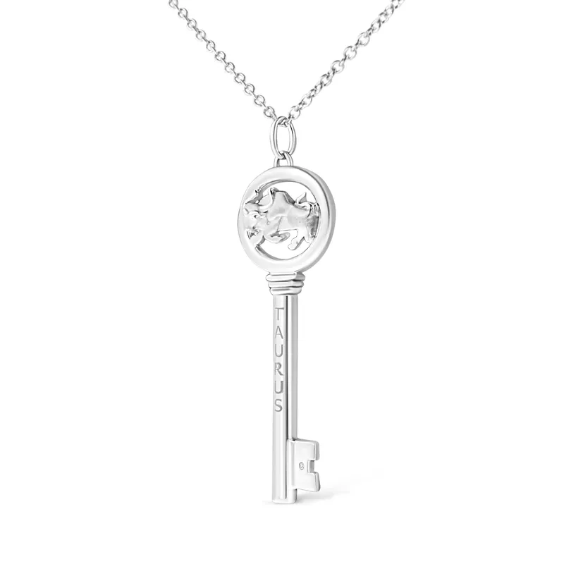 .925 Sterling Silver Diamond Accent Taurus Zodiac Key 18" Pendant Necklace (K-L Color, I1-I2 Clarity)