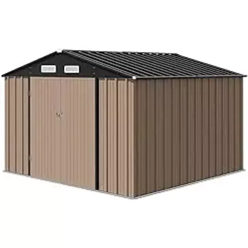 10.4'x12' Outdoor Storage Shed, Large Garden Shed, with Slooping Roof and 4 Vents. Updated Reinforced and Lockable Doors Frame Metal Storage Shed for Patiofor Backyard, Patio, Garage, Lawn, Brown