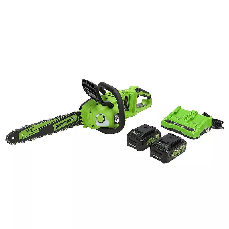 Greenworks - 48-Volt 14-Inch Cordless Brushless Chainsaw (2 x 4Ah Batteries and 1 x Dual Port Charger) - Green