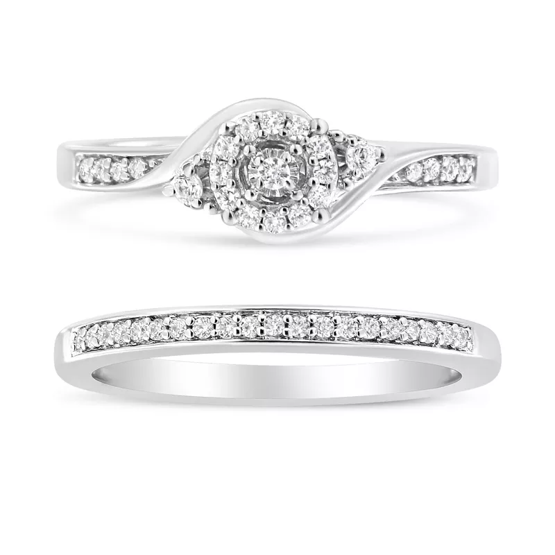 .925 Sterling Silver 1/4 Cttw Diamond Halo and Swirl Engagement Ring and Wedding Band Set (I-J Color, I3 Clarity)- Choice of Size
