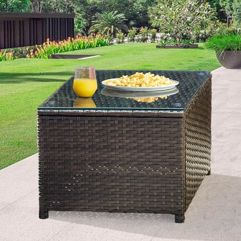 OVIOS Garden Outdoor Wicker Coffee Table with Glass Top - Brown