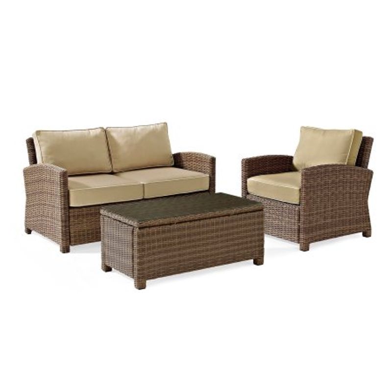 Crosley Furniture Bradenton 3 Piece Outdoor Wicker Seating Set with Sand Cushions - Loveseat, Arm Chair & Glass Top Table