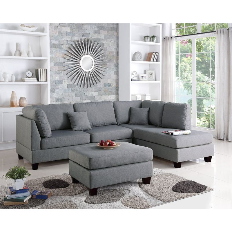 3 Piece Sectional Sofa with Ottoman in Grey - Grey