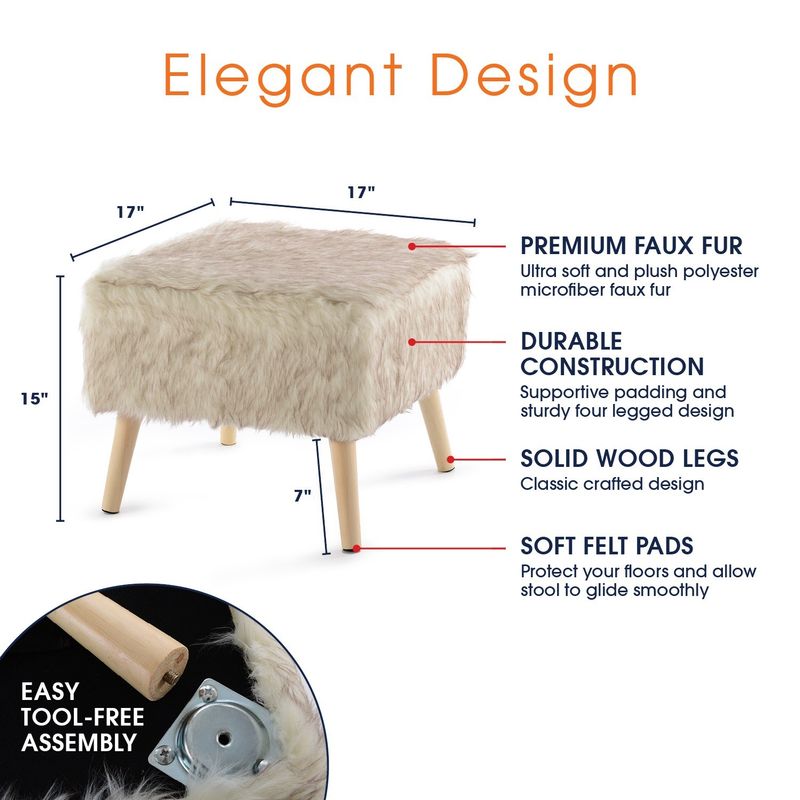 Cheer Collection FauxFur Large Wood Leg Stool - Beige - Square
