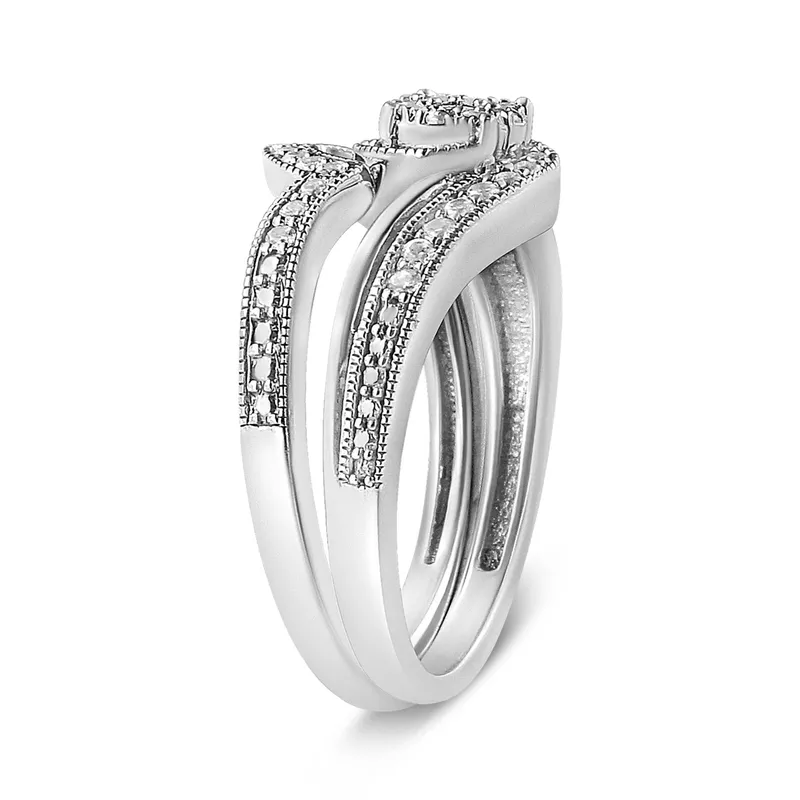 .925 Sterling Silver 1/3ct Cttw Multi-Diamond Bypass Vintage-Style Bridal Set Ring and Band (I-J Color, I3 Clarity) - Size 9