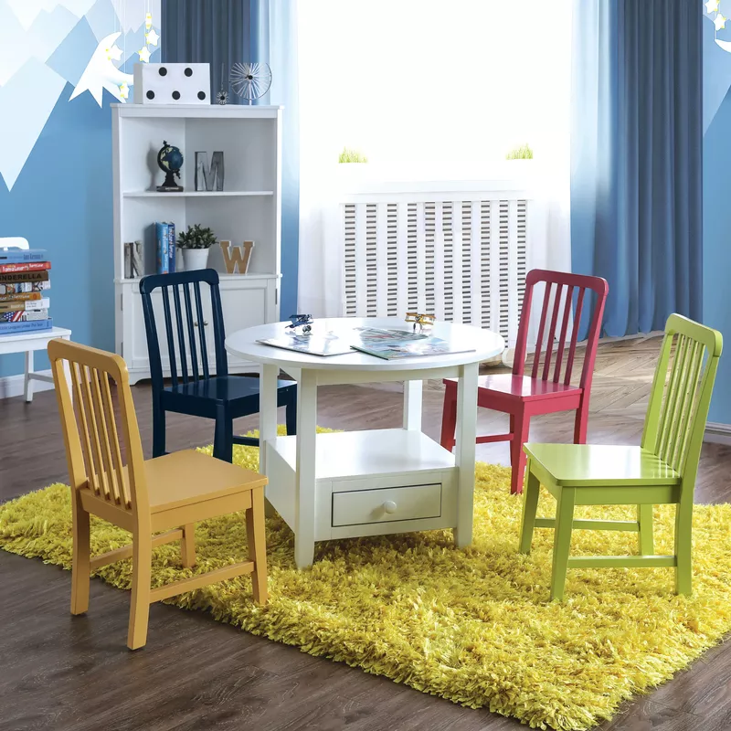 Transitional Wood 5-Piece Kid Table Set in White/Multi