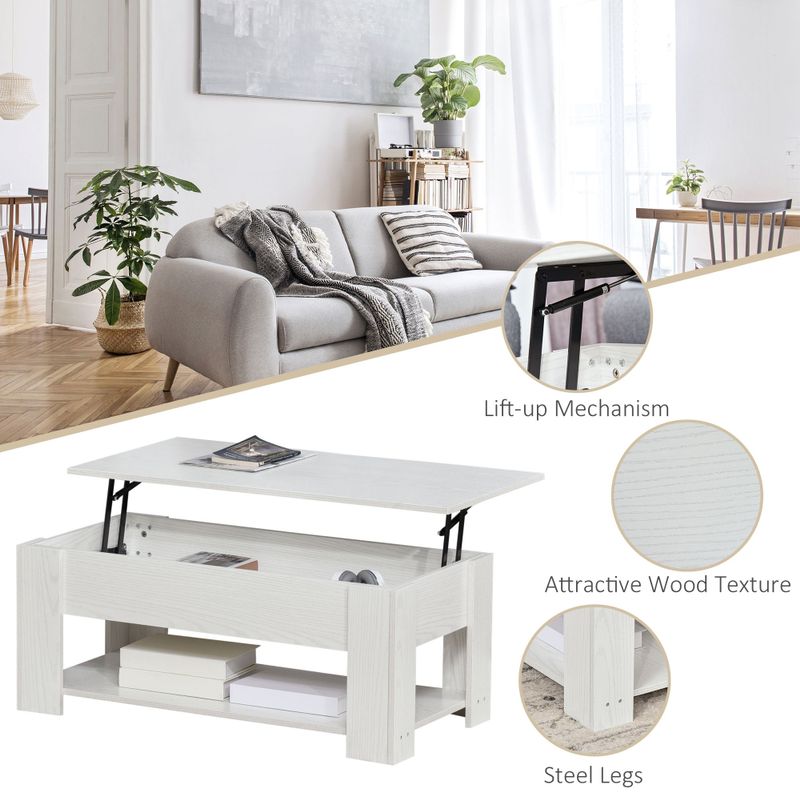 HOMCOM Lift Top Coffee Table with Hidden Storage Compartment and Open Shelf, Pop Up Coffee Table for Living Room - White
