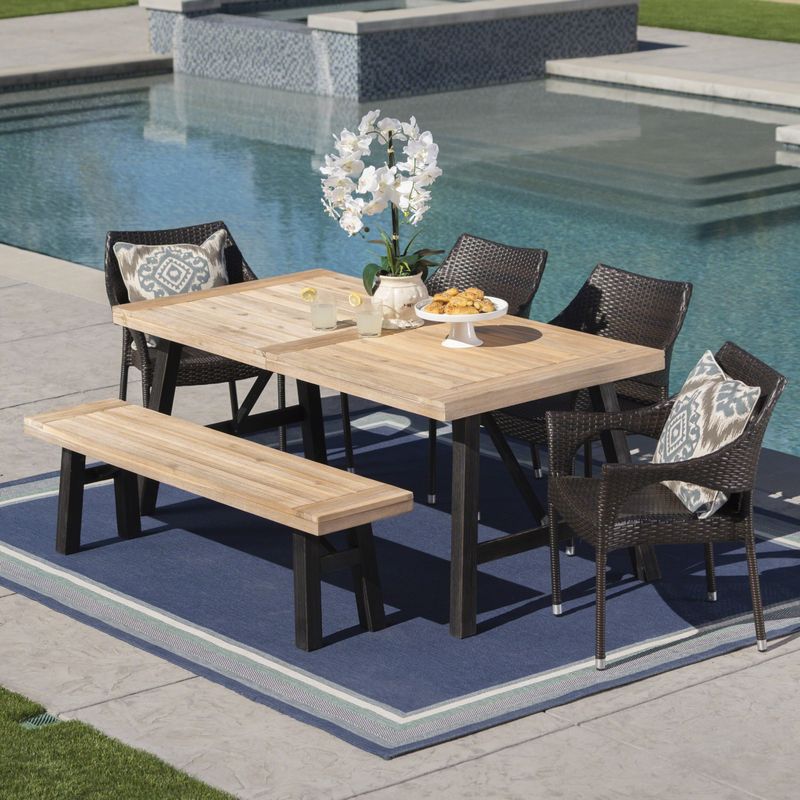 Hensley Outdoor 6-Piece Rectangle Wicker Wood Dining Set by Christopher Knight Home - Brushed Grey + Brushed Mahogany + Multibrown
