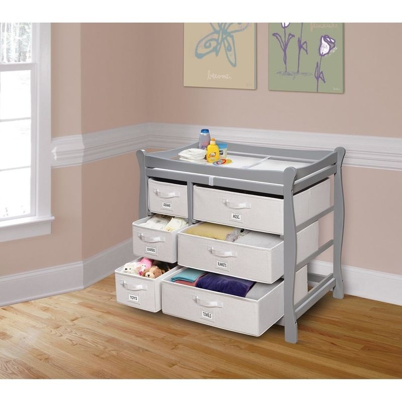 Sleigh Style Baby Changing Table with Six Baskets - Gray/White Baskets