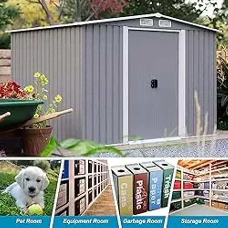 Goohome 6Ft x 8Ft Outdoor Metal Storage Shed, Anti-Corrosion Utility Garden Shed Tool House with Lockable Double Doors & Vents, Waterproof Storage for Trash Can, Bike, Backyard Garden Patio