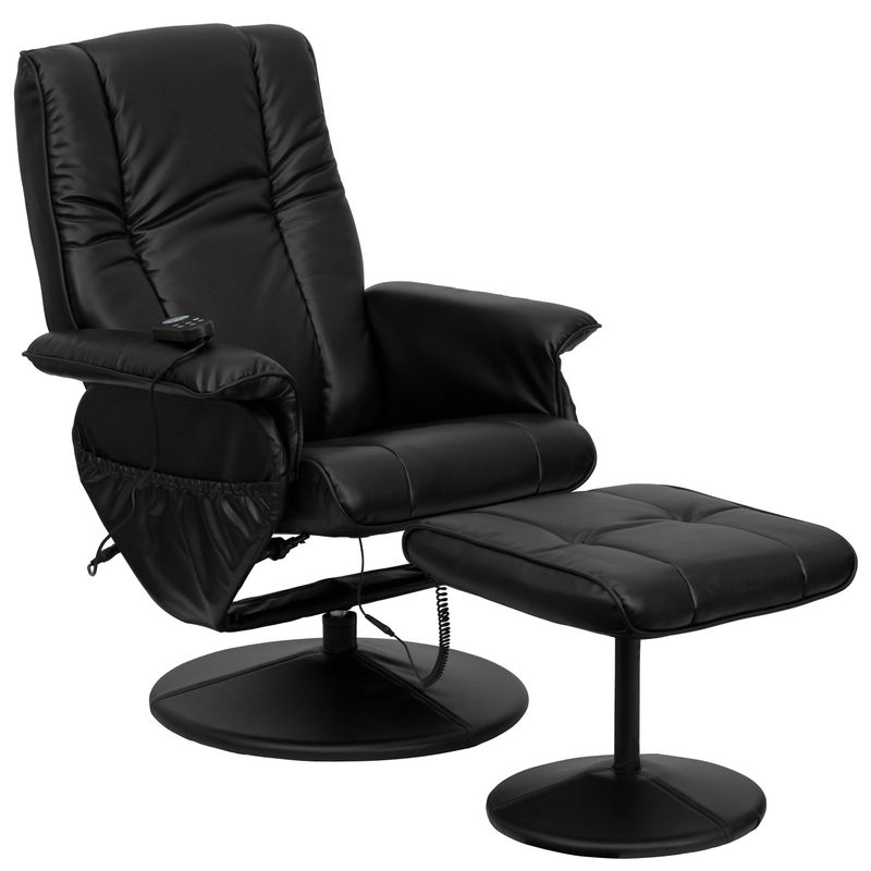 Massaging Multi-Position Recliner &Ottoman w/Wrapped Base in LeatherSoft - Black Faux Leather