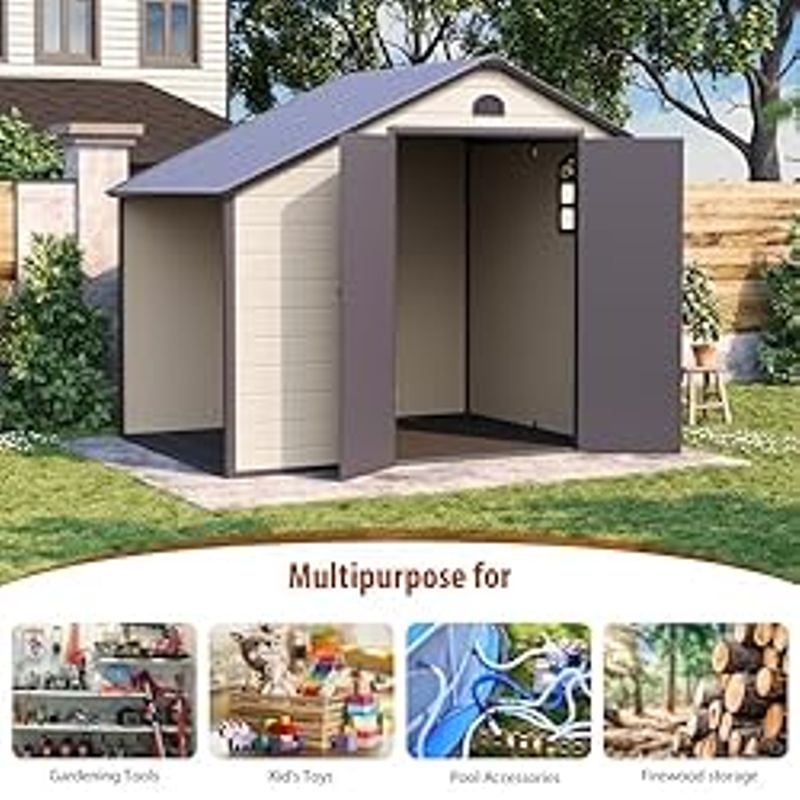 Outdoor Storage Shed 8.5x6.3 ft, Resin Storage Shed & Firewood Rack, Patio Storage Sheds Outdoor with Floor, Lockable Door, Airflow Vent,...