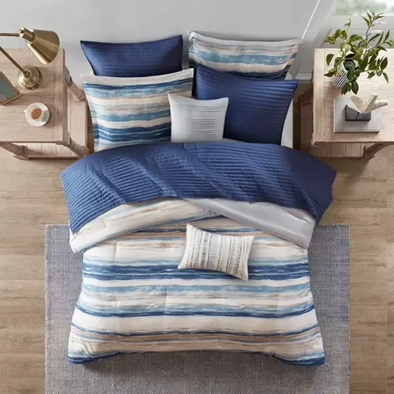 Blue Marina 8 Piece Printed Seersucker Comforter and Coverlet Set Collection King/Cal King