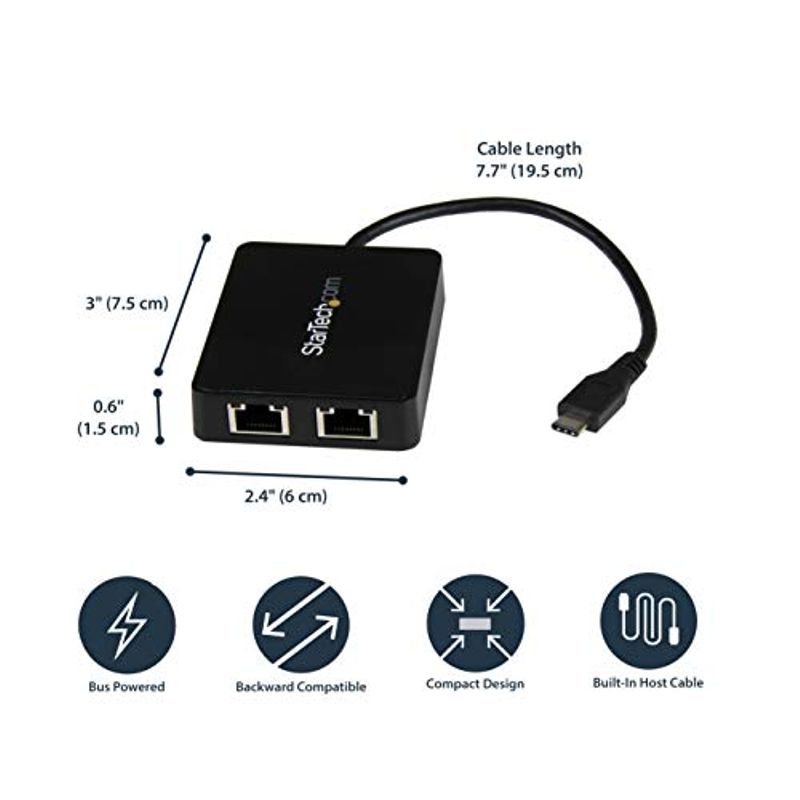 USB-C to Dual Gigabit Ethernet Adapter with USB 3.0 (Type-A) Port - USB Type-C Gigabit Network Adapter