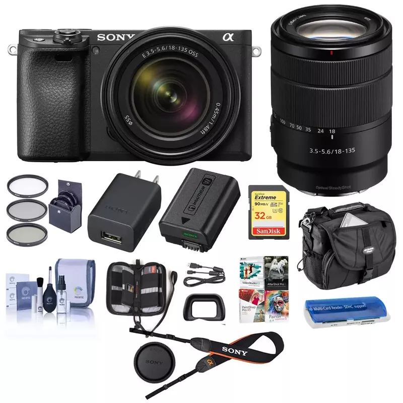 Sony Alpha a6400 Mirrorless Camera with 18-135mm f/3.5-5.6 OSS Lens - Bundle With Camera Case, 32GB SDHC Card, 55mm Filter Kit, Cleaning Kit, Card Reader, Memory Wallet, PC Software Pack