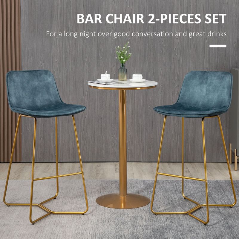 HOMCOM Tall Bar Stools, Set of 2, Velvet-Touch Fabric Bar Chairs, Bar Stools with Gold-Tone Metal Legs for Dining Area - Grey