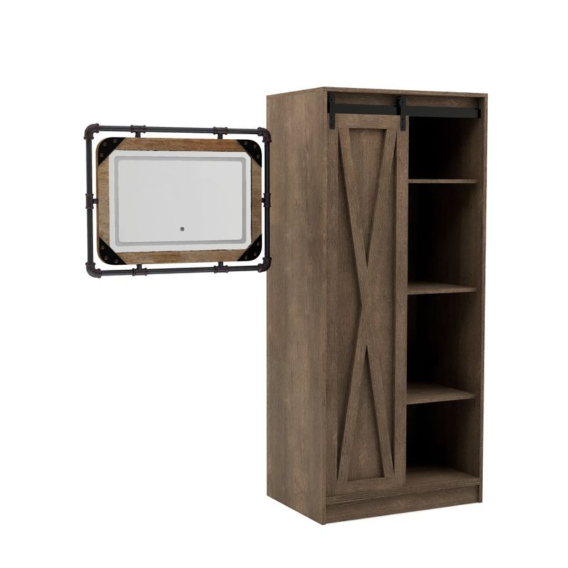 Furniture of America Bowers Rustic Walnut Oak Armoire & LED Mirror Set - Walnut Oak