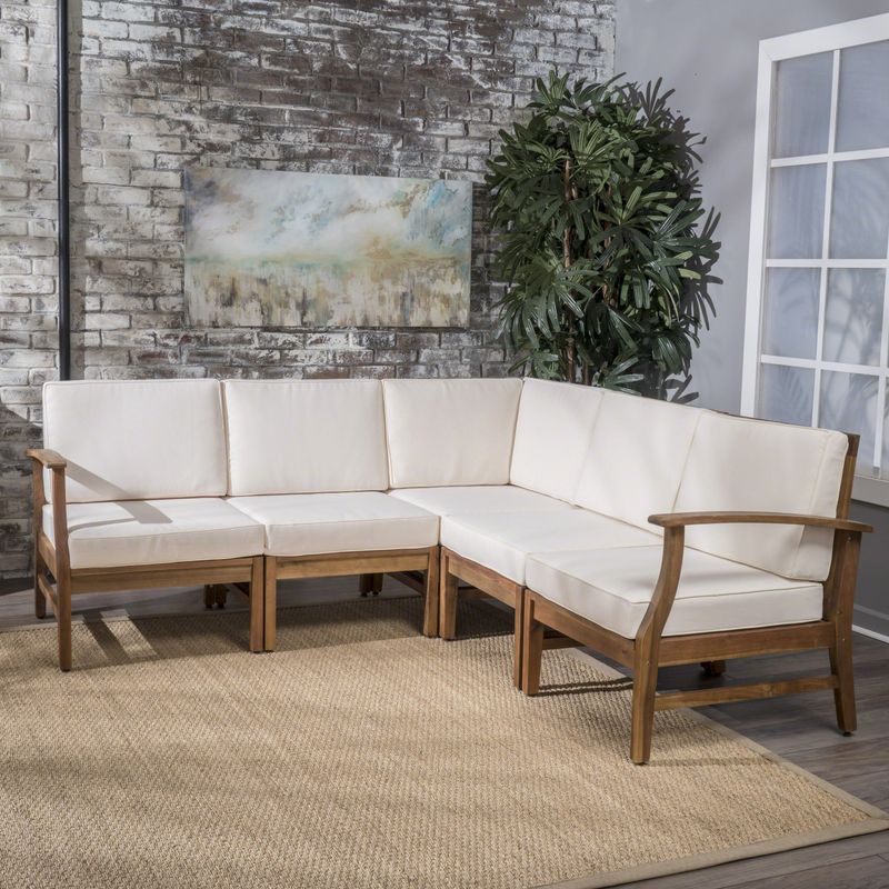 Ulrick Farmhouse Modern 5-piece Fabric Sectional Sofa Set by Christopher Knight Home - Teak Finish + Cream