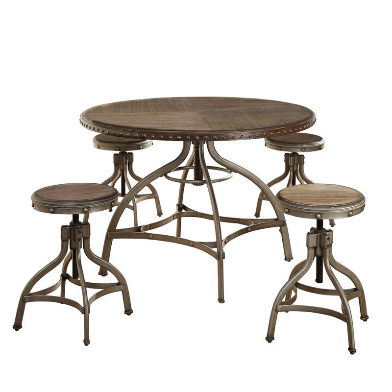 Simple Living Decker Adjustable Height Round 5-Piece Dining Set - 5-Piece Set - Natural Reclaimed Look
