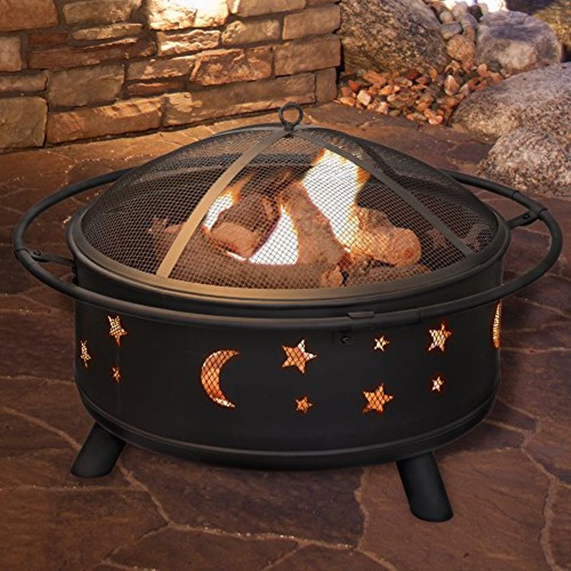 Fire Pit Set, Wood Burning Pit - Includes Screen, Cover and Log Poker- Great for Outdoor and Patio, 30 inch Round Star and Moon Firepit...