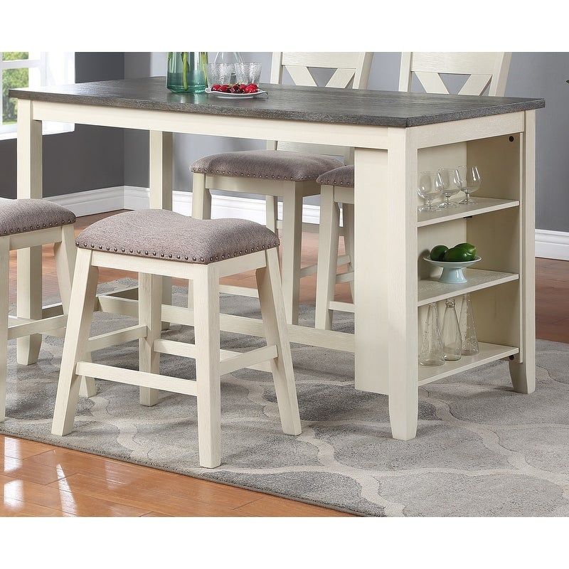 High Dining Table with Storage Shelves,2 High Chairs and 2 Stools - Off White