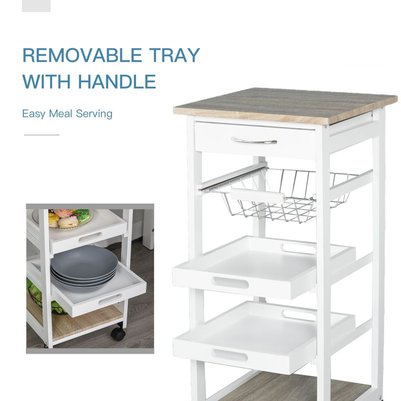 HOMCOM Mobile Rolling Kitchen Island Trolley Serving Cart with Underneath Drawer & Slide-Out Wire Storage Basket - White