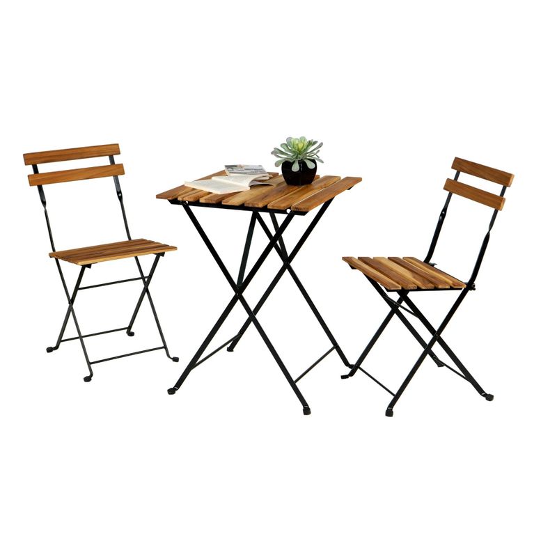 Solid Teak Wood Bistro Set Folding Table And Chair Set - Brown