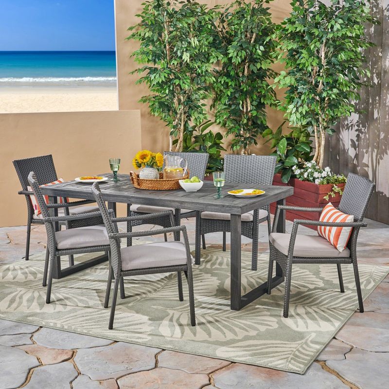 Garner Outdoor 6-Seater Acacia Wood Dining Set with Wicker Chairs by Christopher Knight Home - sandblast dark grey + gray cushion