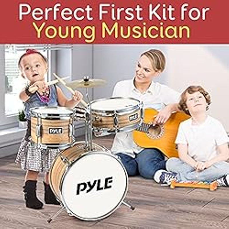 Dana Trading Pyle 13'' 3-Piece Kids/Junior Metallic Striped Yellow Matt Set with Throne, Cymbal, Pedal, Bass Drum, Tom and Drumsticks...
