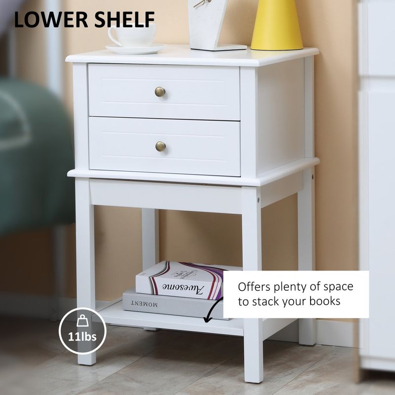 HOMCOM Modern Sofa Side Table with 2 Storage Drawers, End Table with Bottom Shelf for Living Room or Office - White