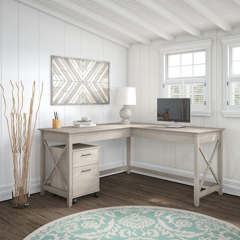 Key West 60W L Shaped Desk with Mobile File Cabinet by Bush Furniture - Shiplap Gray/Pure White