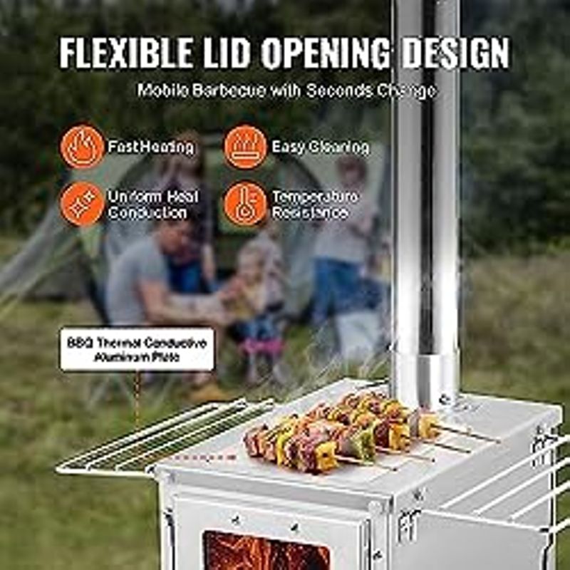 VEVOR Camping Wood Stove Stainless Steel Camping Tent Stove, Portable Wood Burning Stove with Chimney Pipes & Gloves, 700inFirebox Hot...