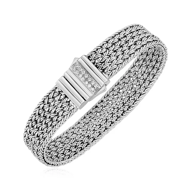 Woven Rope Bracelet with White Sapphire Accented Clasp in Sterling Silver (7.25 Inch)