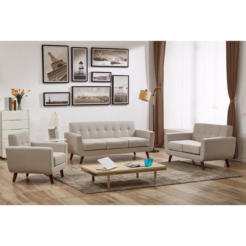 Grace Mid-Century Tufted Upholstered Rainbeau Living Room Sofa, Loveseat, and Chair 3-piece Set - Taupe Grey